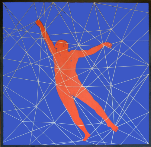 Dancing-the-Nexi-Brian-Parker-Artist I am a dancer and I am fascinated by the shapes dancers bodies make so I often do realistic or semi-abstract paintings of dancers. Based on a still from a video of me dancing while suspended in a network of string, very painful.